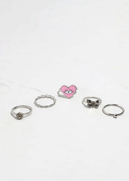 5-Piece Heart + Evil Eye Ring Set