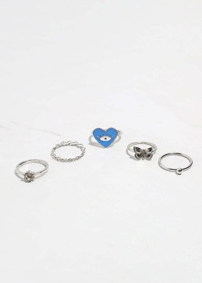 5-Piece Heart + Evil Eye Ring Set