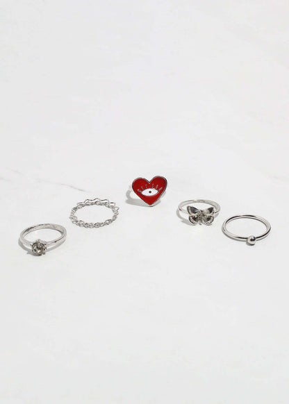 5-Piece Heart + Evil Eye Ring Set