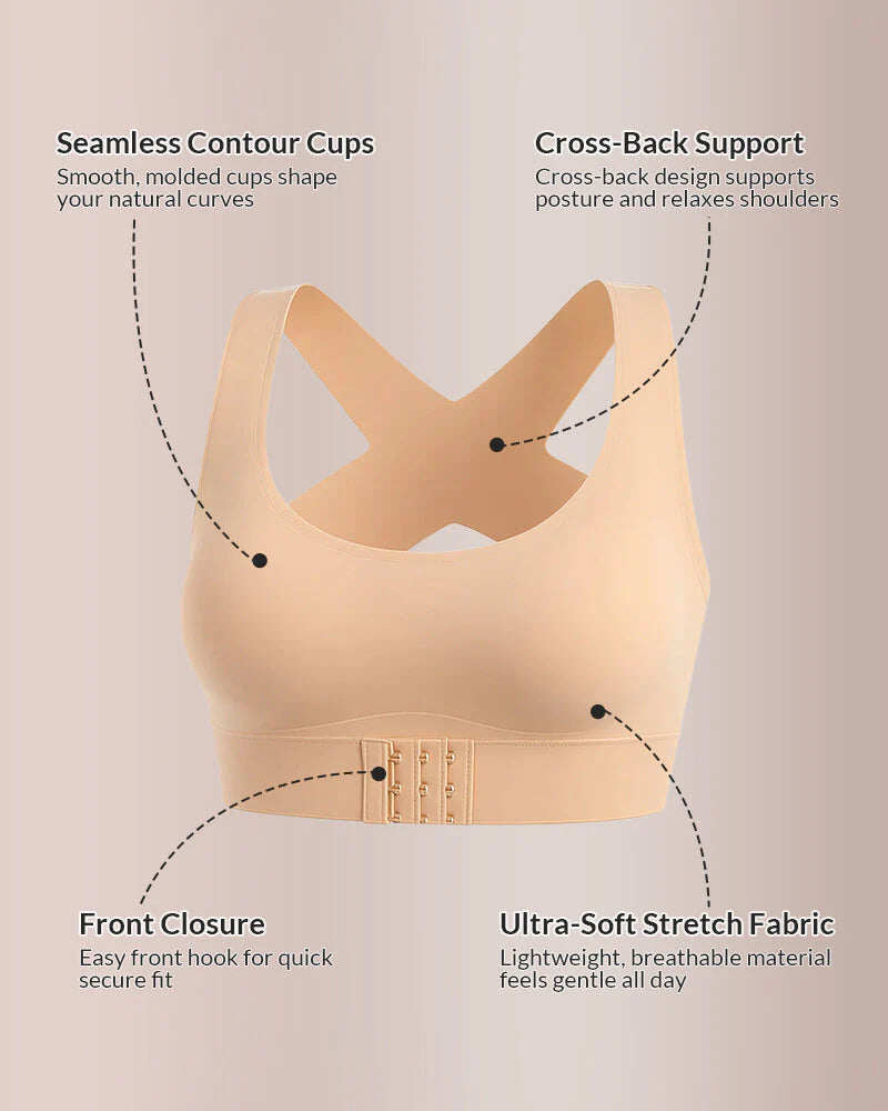 Cross Back Front Closure Wireless Posture Support Bra