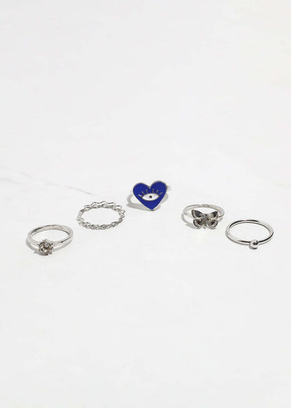 5-Piece Heart + Evil Eye Ring Set